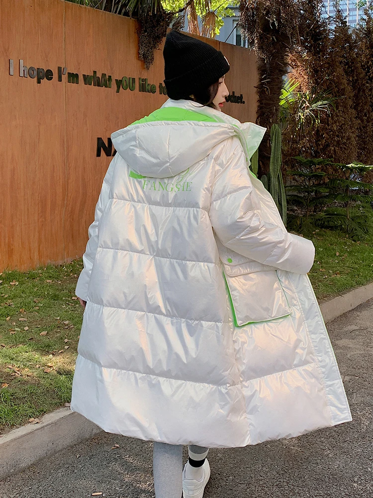 Winter Glossy Waterproof X-long 90% White Duck Down Coat Women Thick  Loose Outerwear Warm Down Jacket Hooded Parka 2023