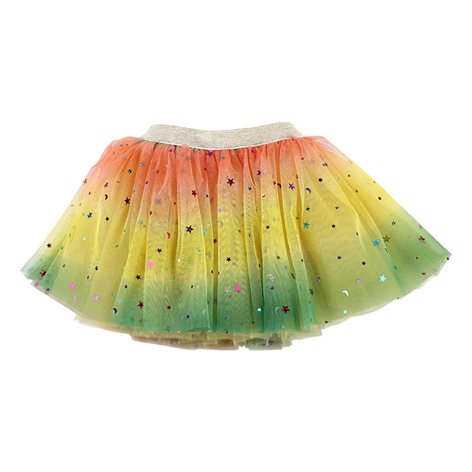 Shimmering Kids Five-pointed Stars Rainbow Color Block Mesh Tutu Casual Skirts Suitable Princess State Performances and Parties