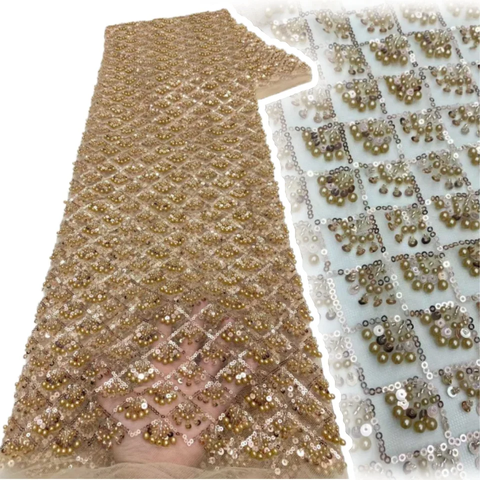 Tessuti di pizzo con perline di paillettes africane rosse Sequenza di ricamo di alta qualità Tessuto di pizzo francese nigeriano per cucito di nozze SZ1443