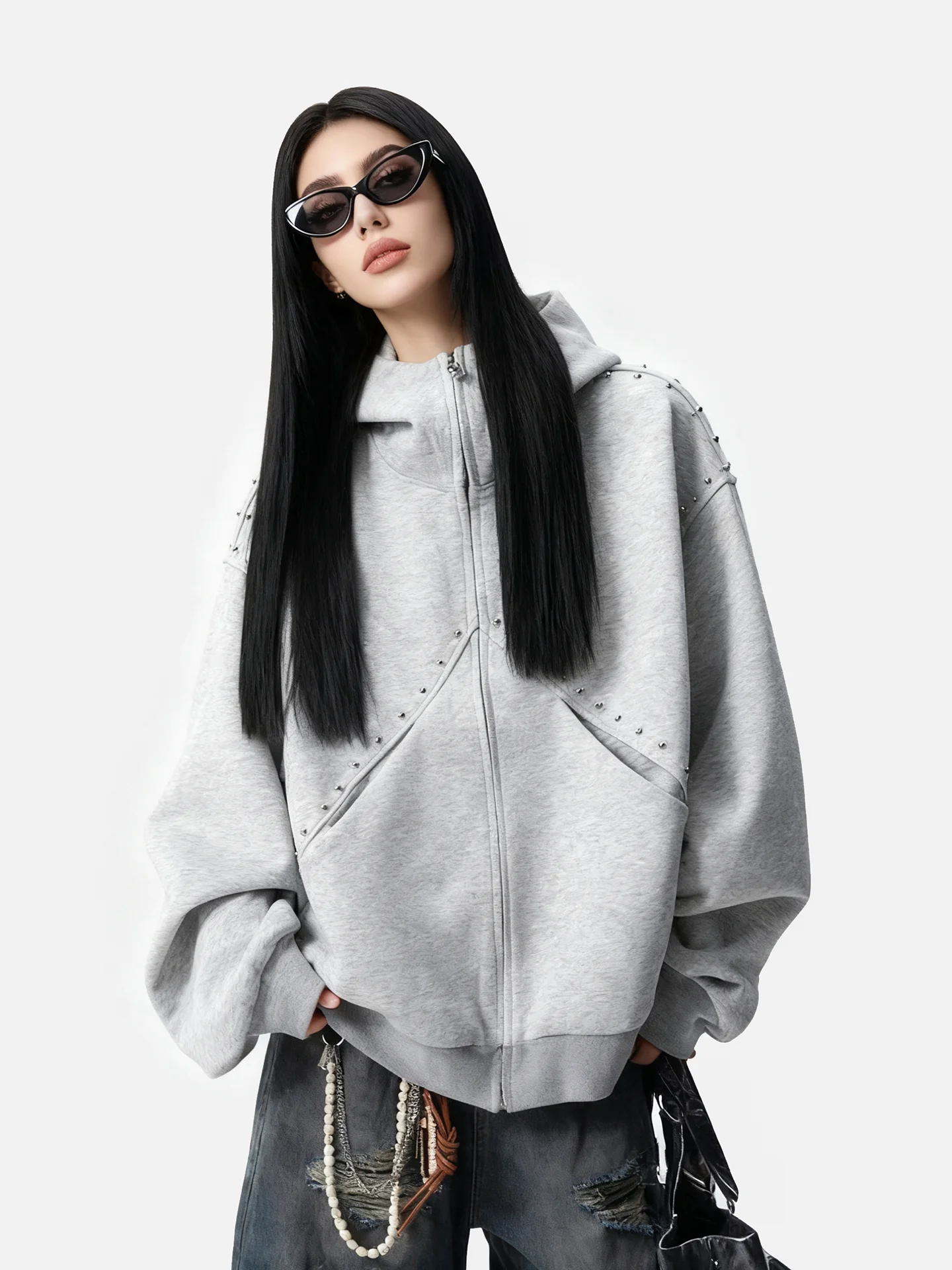 

Кардиган-худи JYOOK в американском стиле, с разрезами и вставками, женский, модный, повседневный, на молнии, с заклепками, в уличном стиле