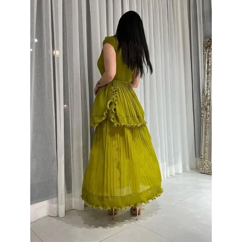Miyake Pleated Cross Border New Solid Color Ruffle Neck Plus Size Women's Dresses Africa Middle East Plus Size Prom Dresses