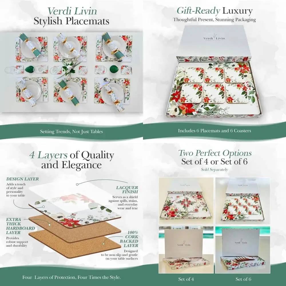 

Set of 6 Heat-Resistant Christmas Red Flower Cork Placemats and Coasters, 16x12 Inches, Wipe Clean for Dining