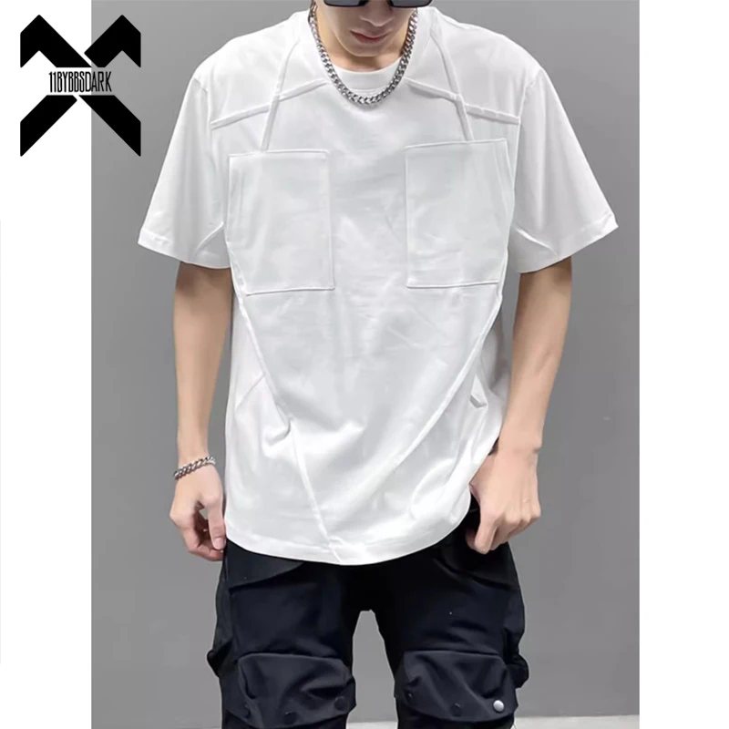 

2024 Summer White T-Shirt Mens Techwear Irregular Patchwork Functional Punk T Shirt Streetwear Harajuku Tshirt Tees Tops