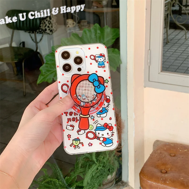 Cute Cartoon Hello Kitty Play Tennis Magsafe Wireless Charge Phone Case For iPhone 12 13 14 15 16Pro Max KT Shake Magnetic stand