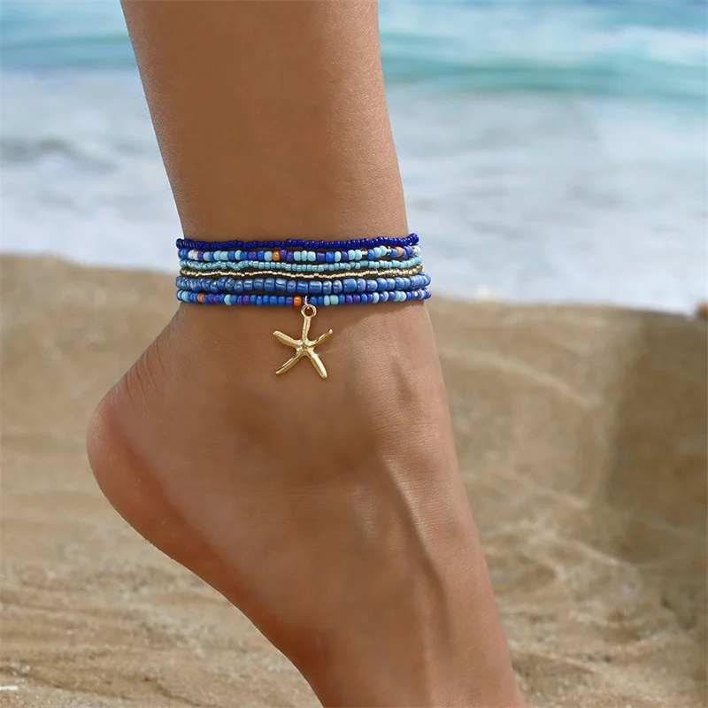 Colorful Starfish Pendant Rice Beads Beaded Anklet for Women Summer Fashion Multi-layer Bracelet Anklet Bohemian Leg Jewelry