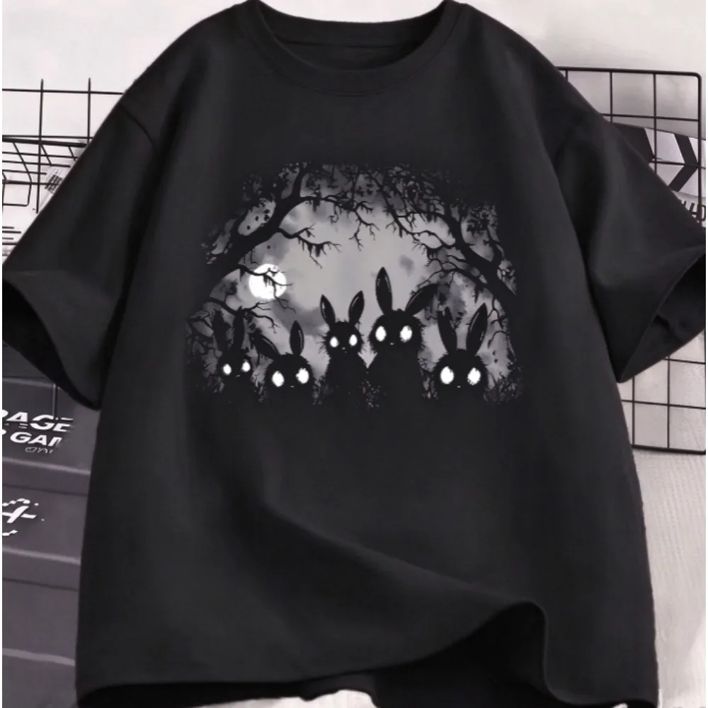 Spooky Forest Bunnies Graphic Creepy Glowing Eyes Rabbits Under Full Moon Dark Art Print Casual Crew Neck Cotton Short Sleeve