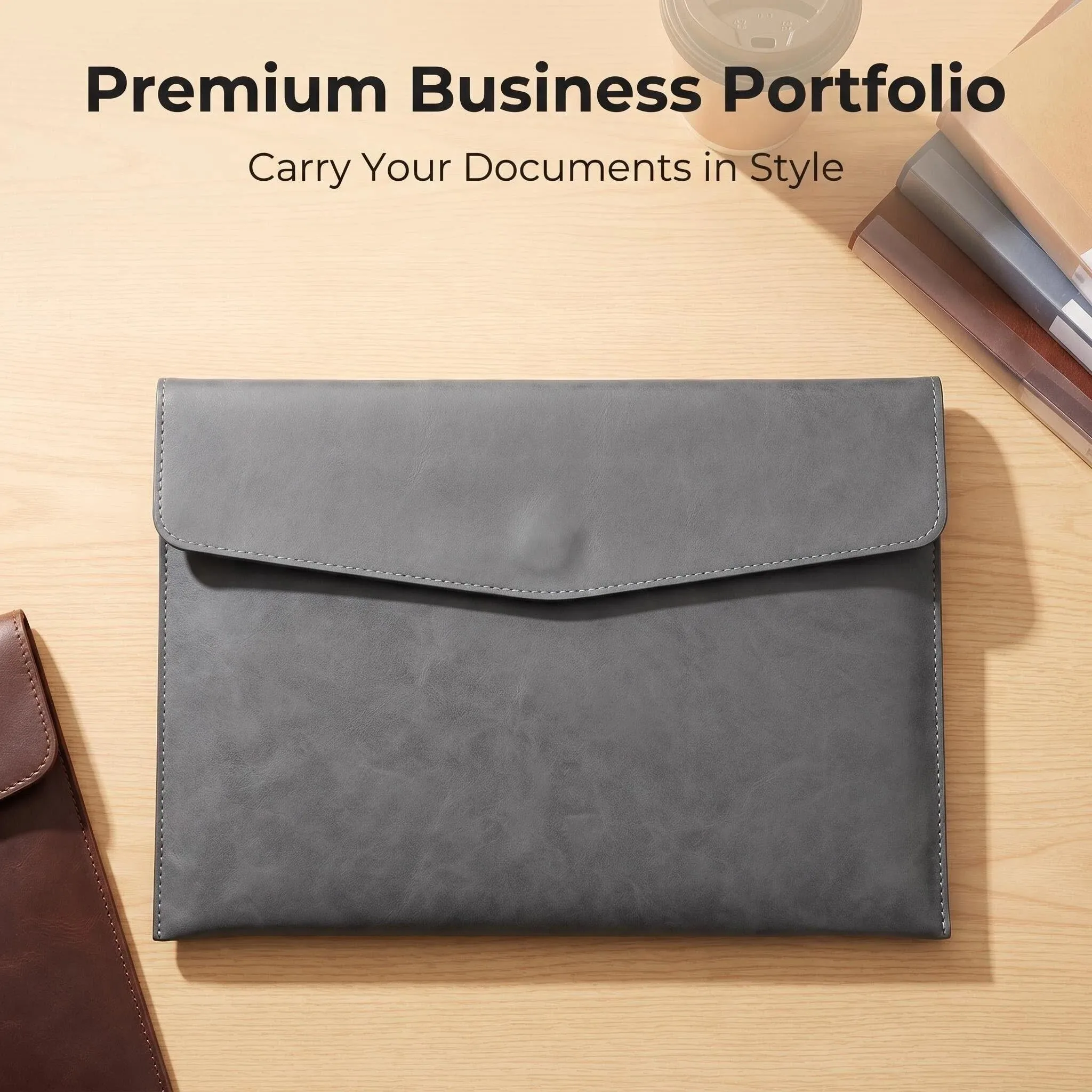 SUNWOOD A4 Leather Document Bag Waterproof File Folder with Snap Button Thickened Portfolio Business Office Organizer 1244