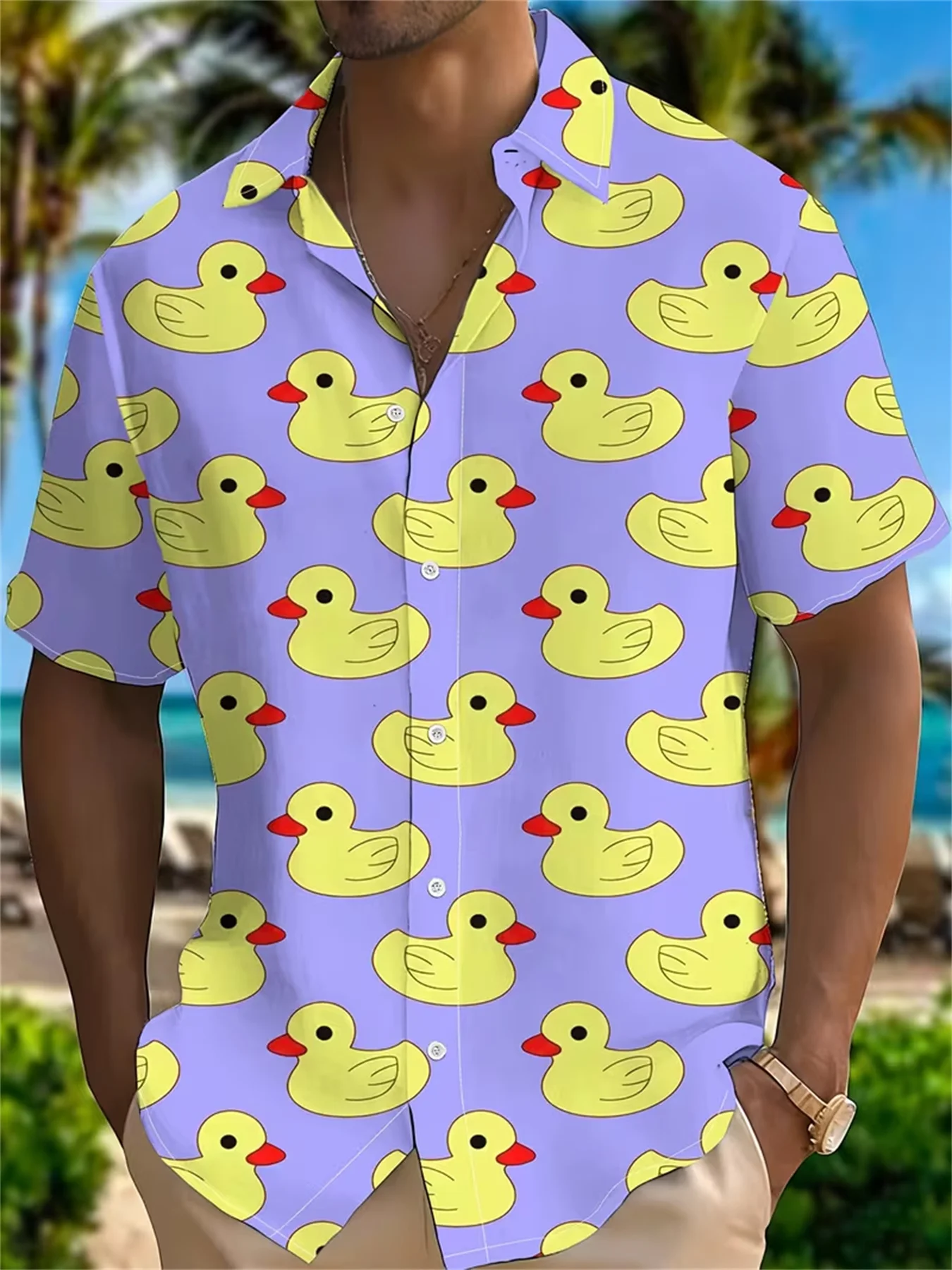 Men's Shirt Cartoon Yellow Rubber Duck All Over Print Short Sleeve Lapel Loose Summer Beach Casual Daily Mens Clothing