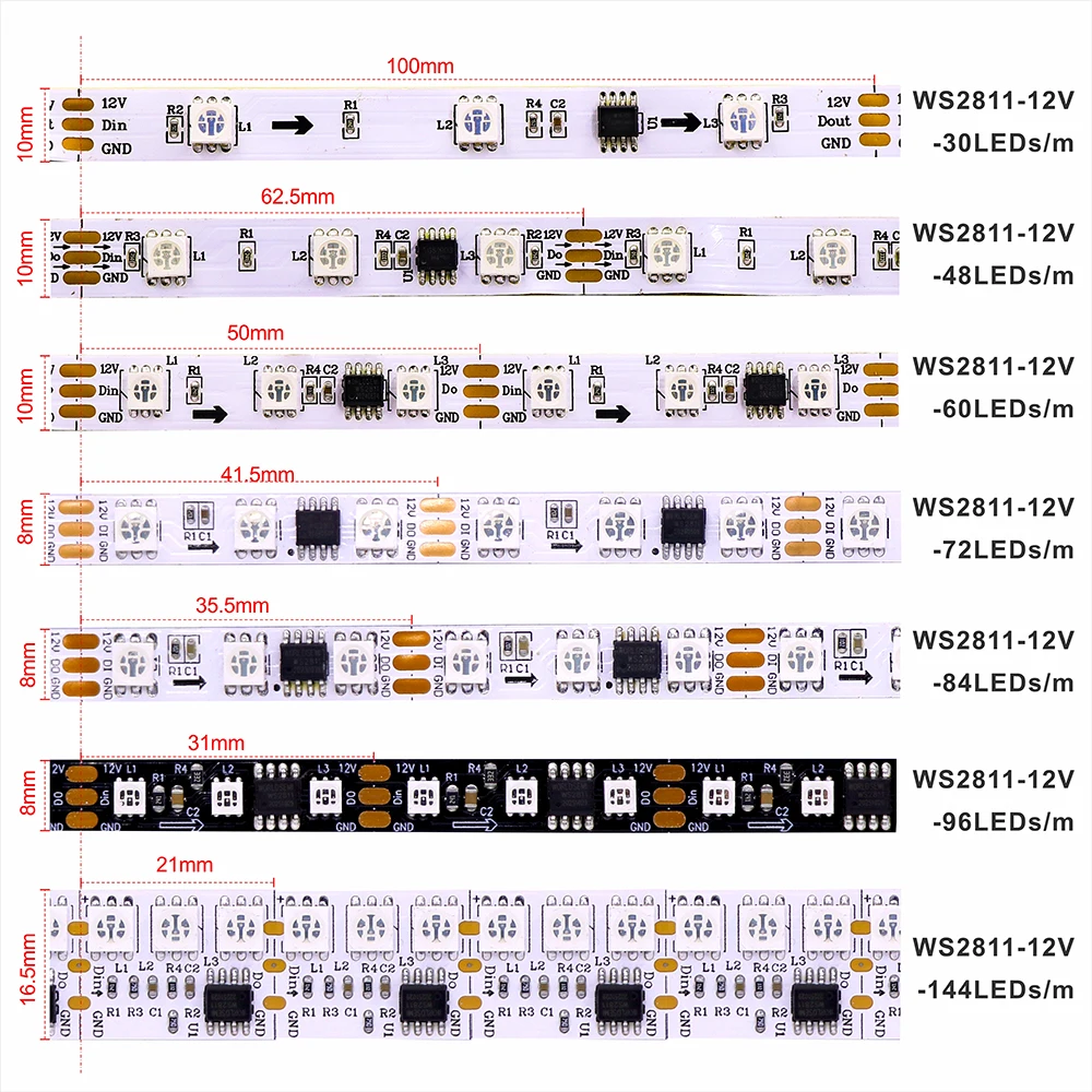 WS2811 Color RGB LED Strip SMD5050 DC12V Addressable 30/48/60/84/96/144 LEDs Light RGB LED Strip Light White Black PCB 12V Light