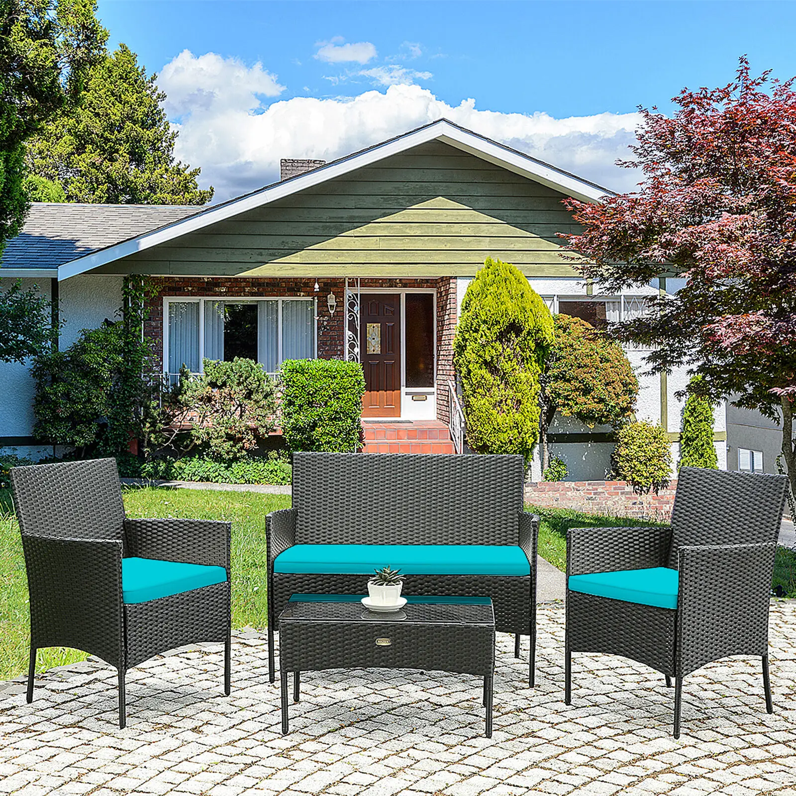 4PCS Outdoor Furniture Set Patio Rattan Conversation Set w/ Turquoise Cushion