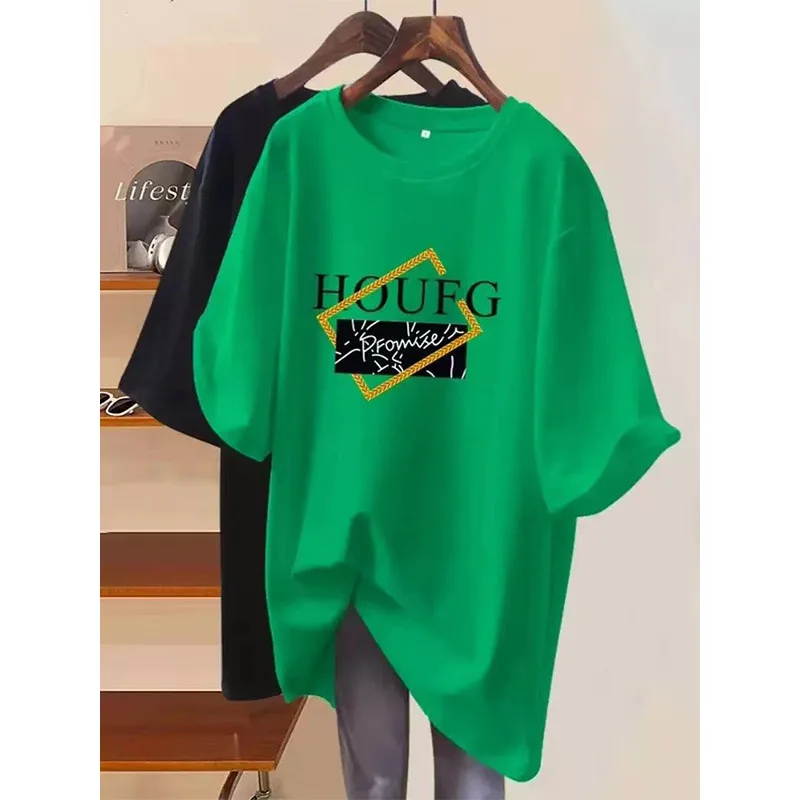 Women Clothing Letter Printing Pure Cotton Basic T-shirts Summer Fashion Casual O-neck Short Sleeve Top Tee Y2k Loose Pullovers