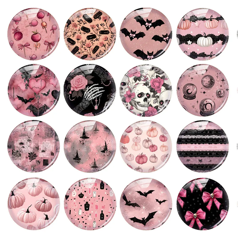 Random Mixed Round/Oval/Square Pink Goth Halloween Witch Bat Photo Glass Cabochon Flatback Demo Cameo For Diy Jewelry Making
