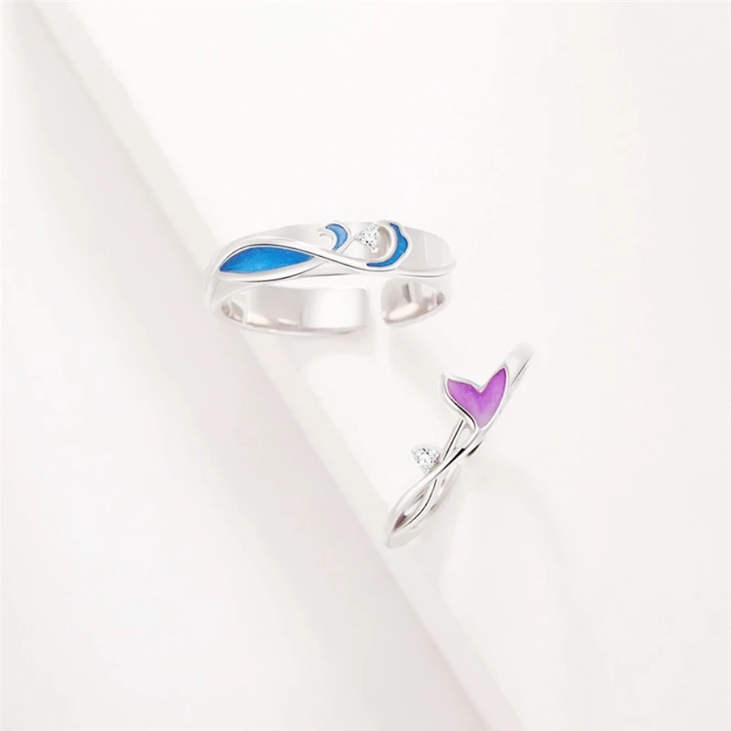 Color Drip Glaze Wave Fish Tail Couple Gift 925 Sterling Silver Female Resizable Opening Rings RI966