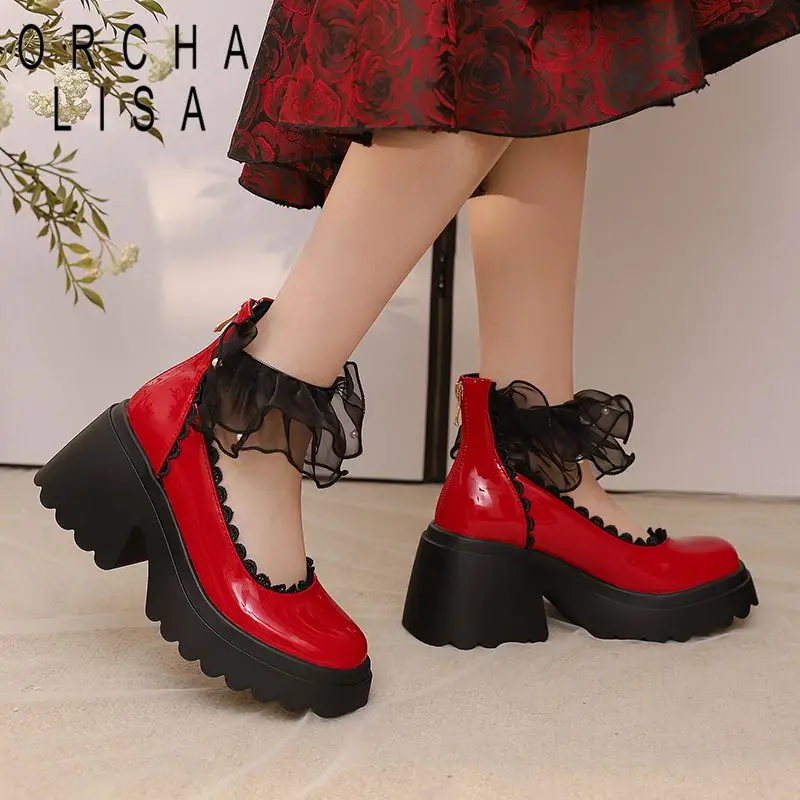 

Туфли-лодочки ORCHALISA Hot Mary Jane для женщин, с круглым носком, на каблуке 8 см, на платформе, на молнии, блестящие, разноцветные, для свиданий