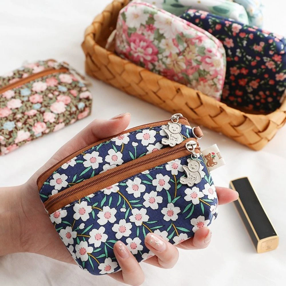 Multifuctional 노인 꽃 동전 지갑 레트로 코튼 미니 캔버스 보관 가방 한국 스타일 카드 홀더 작은 메이크업 립스틱 가방