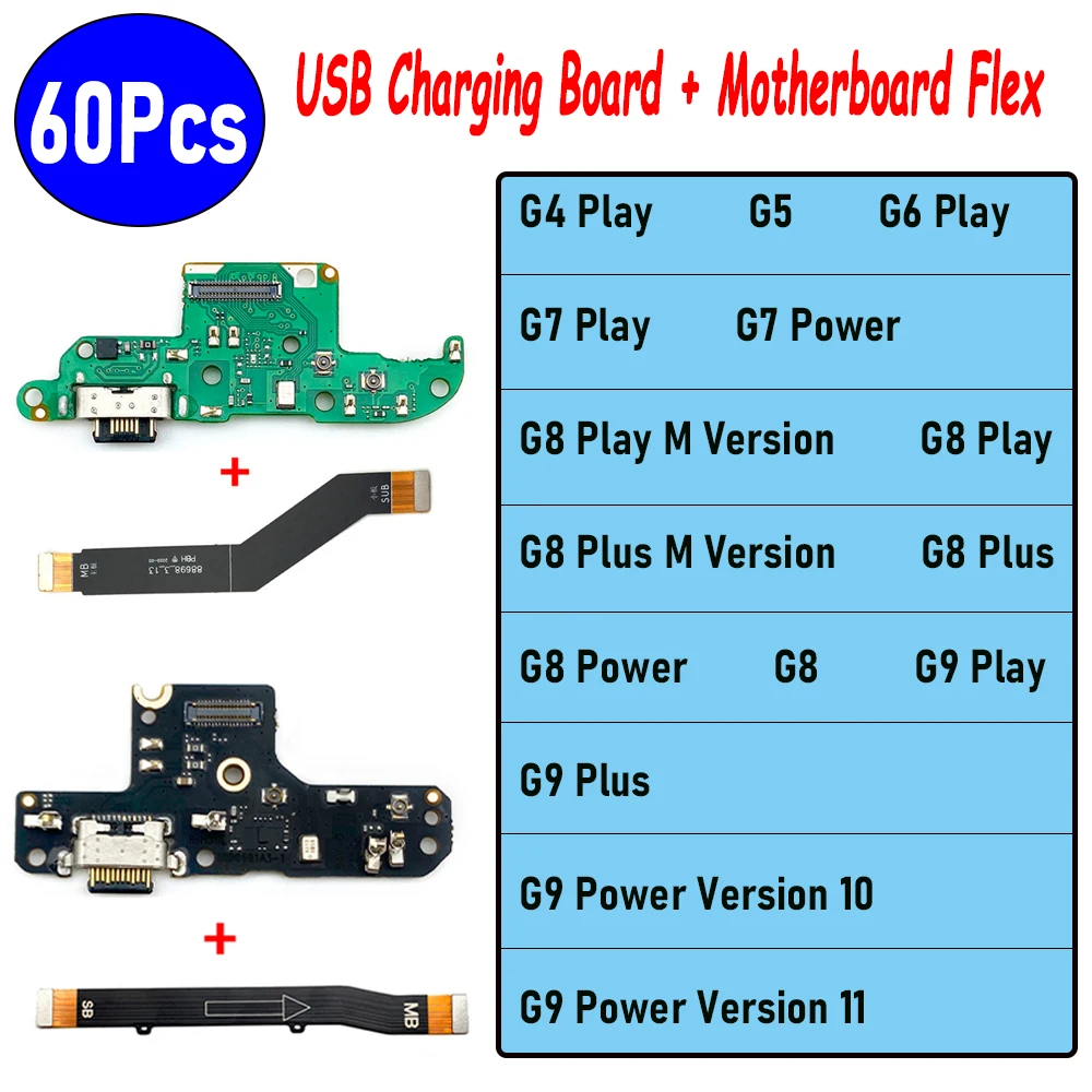 60Pcs，USB Charging Port Motherboard FPC Main Board Connector Flex Cable For Motorola Moto G4 Play G5 G6 Play G7 Power G8 Plus G9