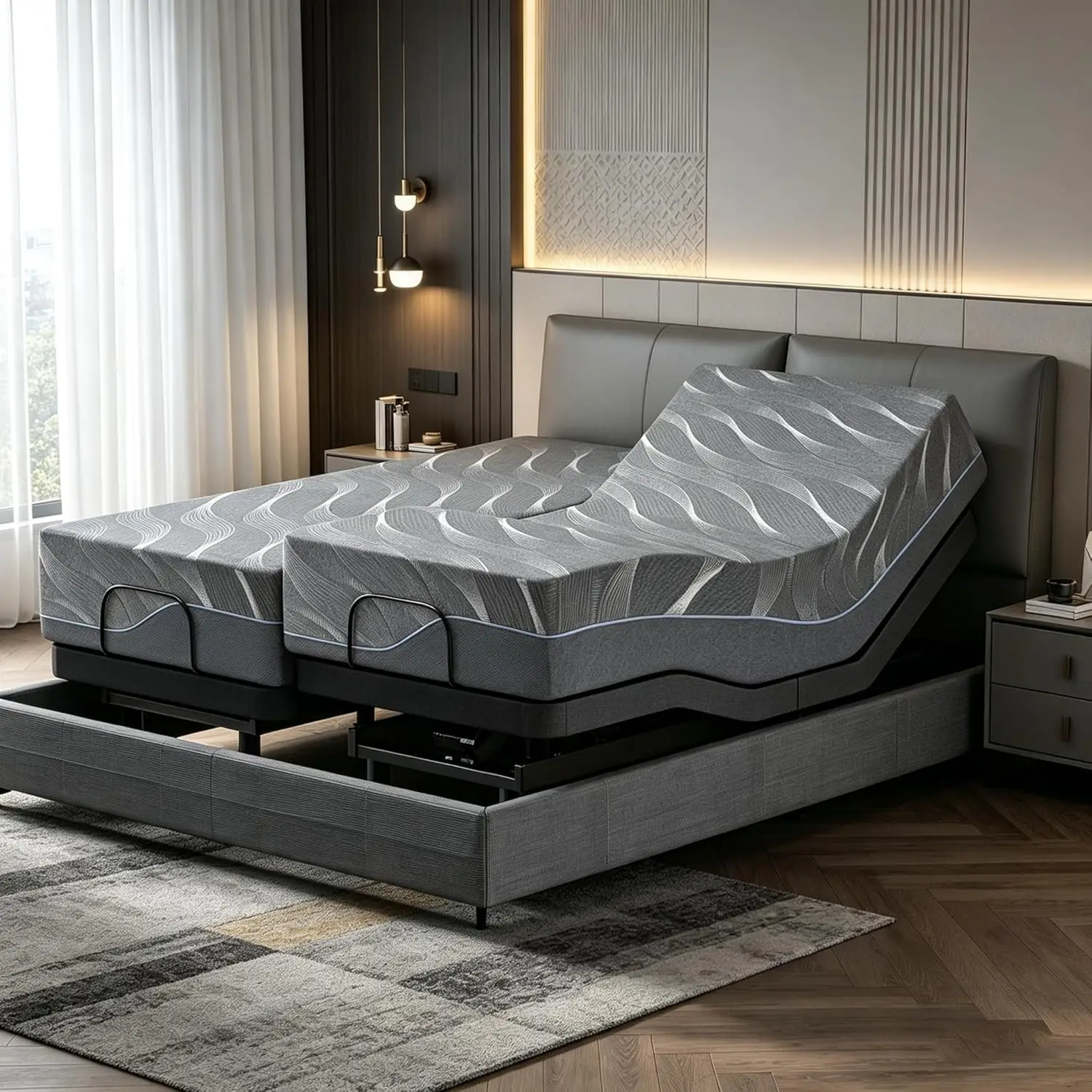 

Split King Adjustable Bed Frame with Massage + 14 Inch Grey Gel Medium Firm Memory Foam Mattress,Voice control, Head/Foot