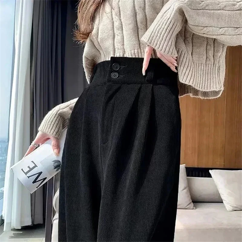 MEXZT Corduroy Wide Leg Pants Women Vintage Black Fleece Baggy Pants Winter Streetwear Korean High Waist Straight Trousers New