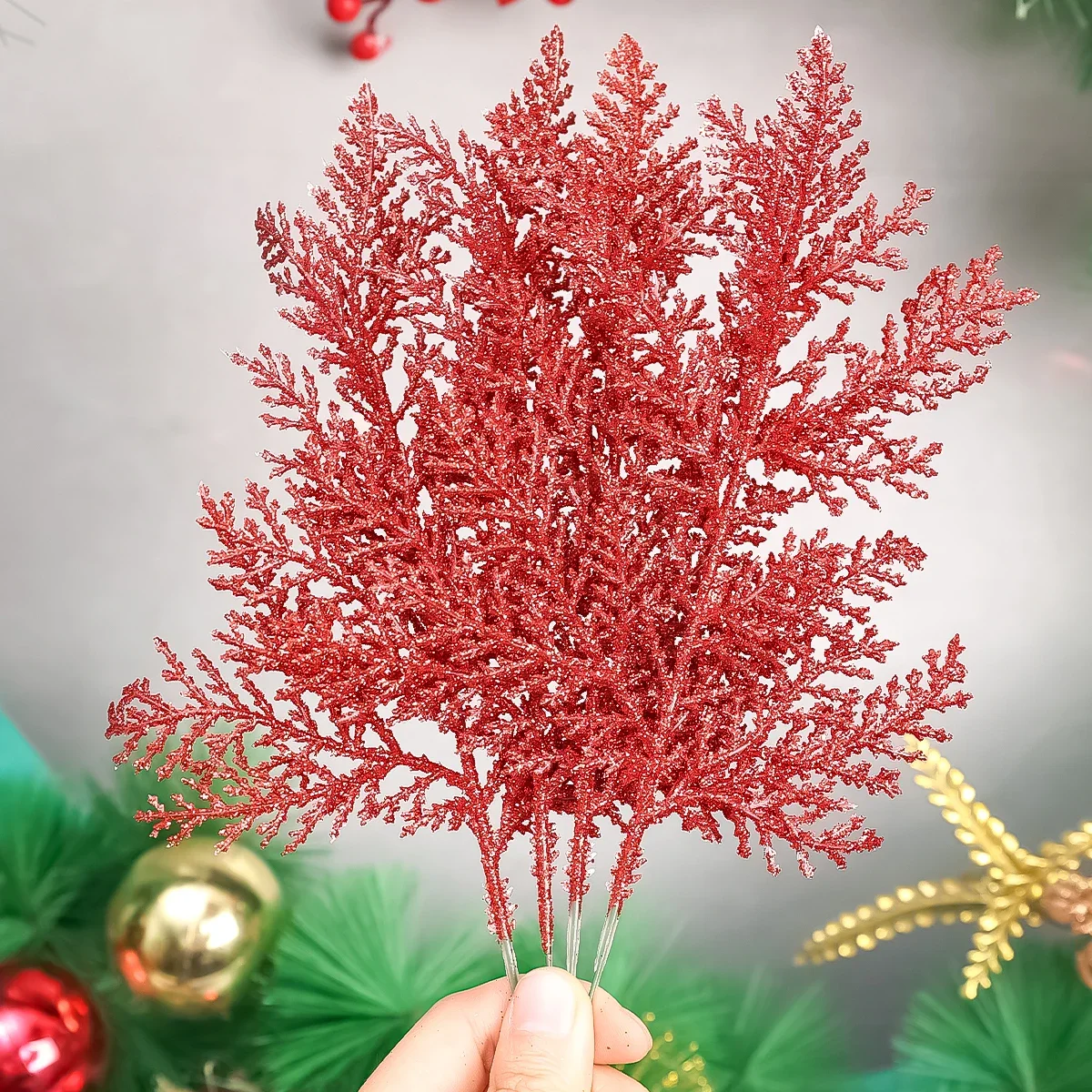 50-5Pcs Christmas Glitter Gold Silver Leaves Xmas Tree Decoration Pendant Artificial Plants Pine Branches Home New Year Ornament
