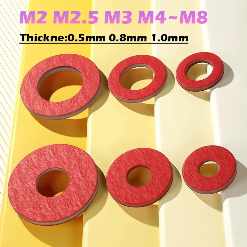 M2.5 M3.5 M4 M5 M6 M8 Red Steel Paper Fiber Insulating Flat Washer Insulation Plain Gasket Ring Meson Thickne:0.5mm 0.8mm 1.0mm