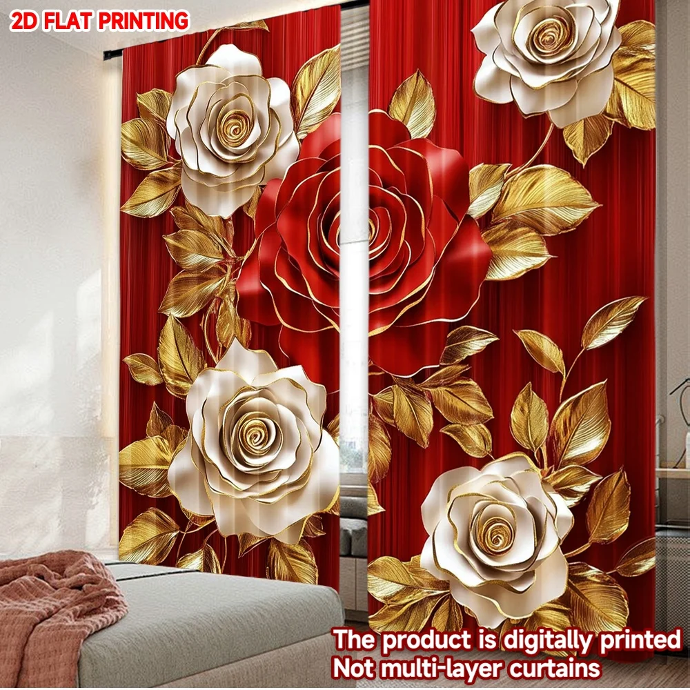 

2D flat printing 2pcs Curtain Window Curtains Valentine's Golden Roses Digital Printed Polyester Drapes Festive Wall Decor
