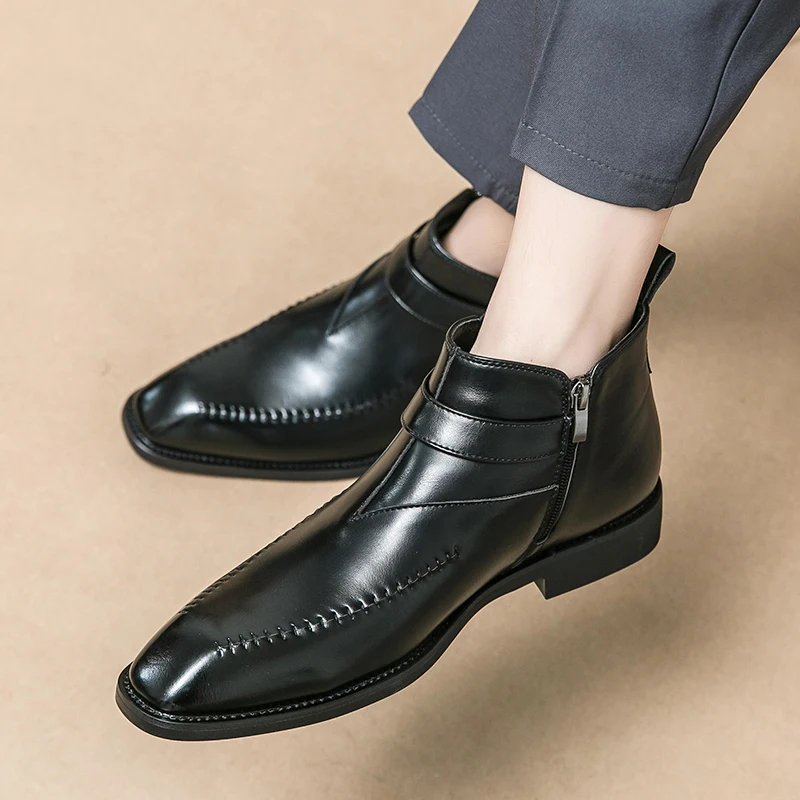 

Men Chelsea Ankle Boots Solid Color Square Toe Low Heel Business Casual Side Zipper Short Boots