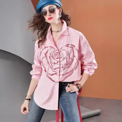 Street Style Spring Pink Shirt Midi Loose Long Sleeve Single Breasted Casual Women's blouse