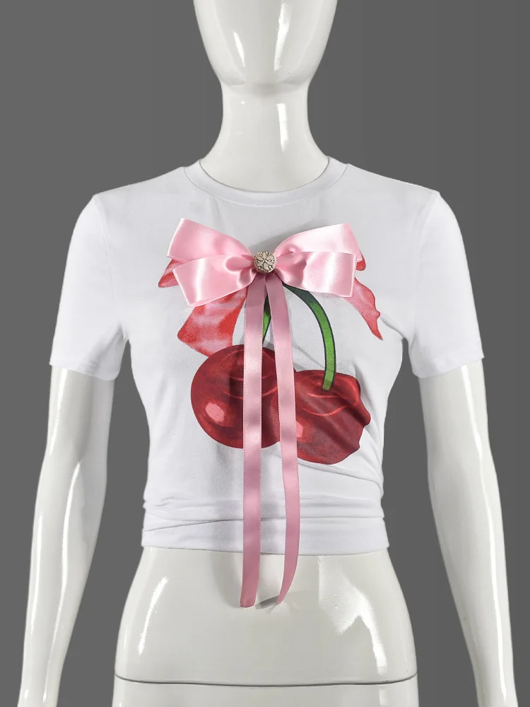 Simenual Acubi Vestiti di moda Kawaii Bow Decor T-shirt a maniche corte Fata stampata Donna O-Collo T Shirt Cyber Y2K Slim Tee Tops