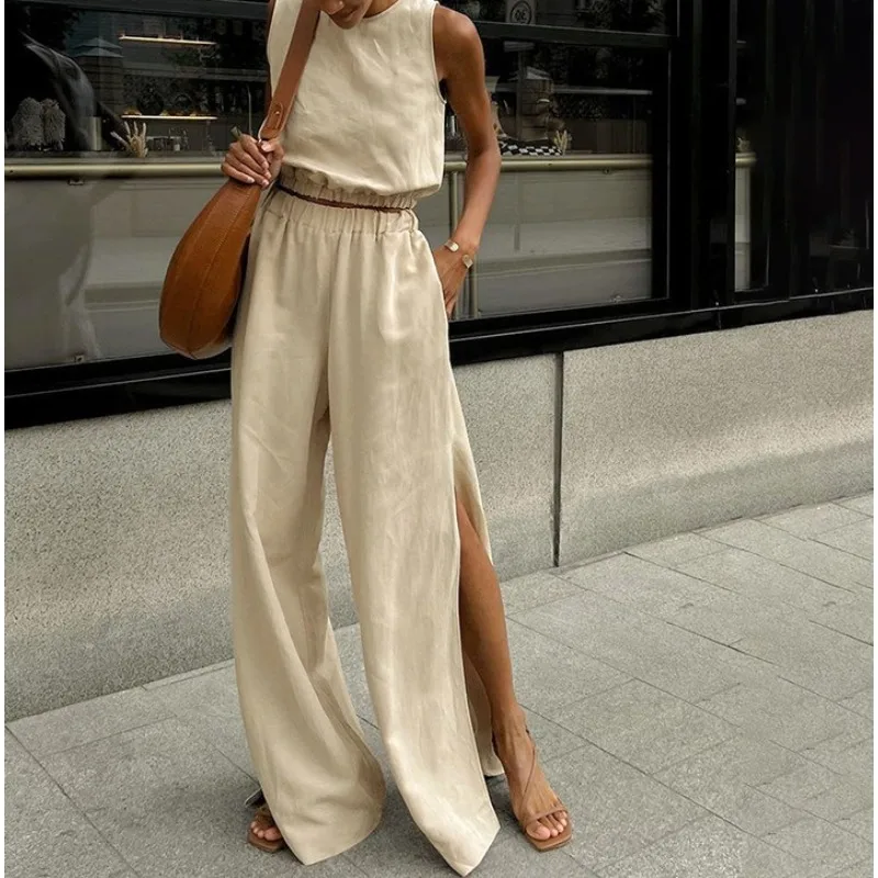 

2026 New Cotton and Linen Vest Set Women's High-end Sleeveless Ramie Top Wide-leg Pants Two-piece Set