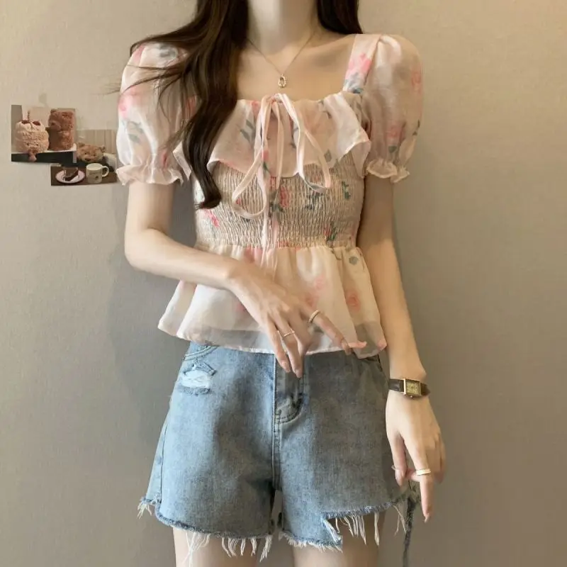 

Square Collar Ruffle Short Sleeve Chiffon Blouse Women's Summer New Sweet Fashion Ribbon Top