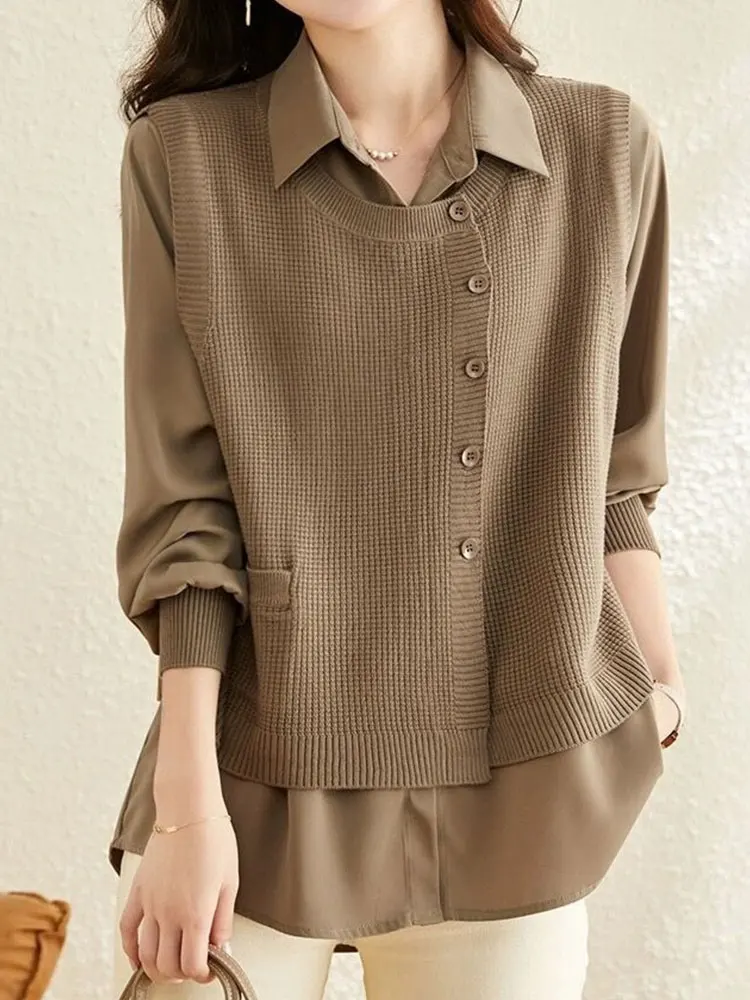 

Весенняя мода Свободный повседневный топ Sli Long Sve в стиле пэчворк Высококачественный ощущение Поддельные двухсекционные удобные пуговицы в стиле ретро...