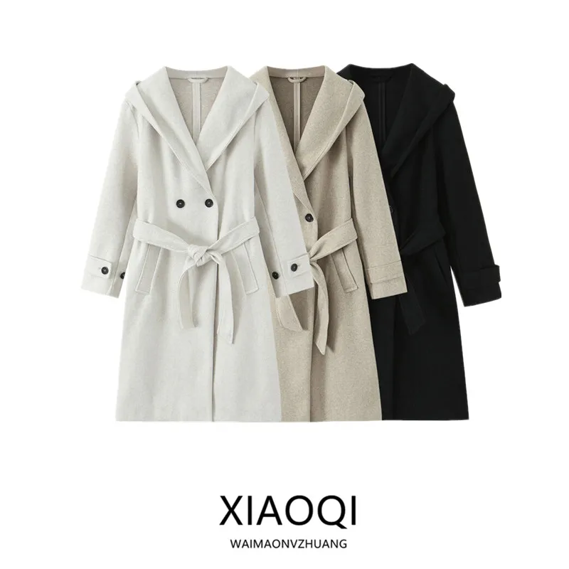 

Autumn 2025 Women's Long Sve Hooded Soft Coat Jaet Commute Sle Midi Length Double Breasted Pure Color Faion Outerwear
