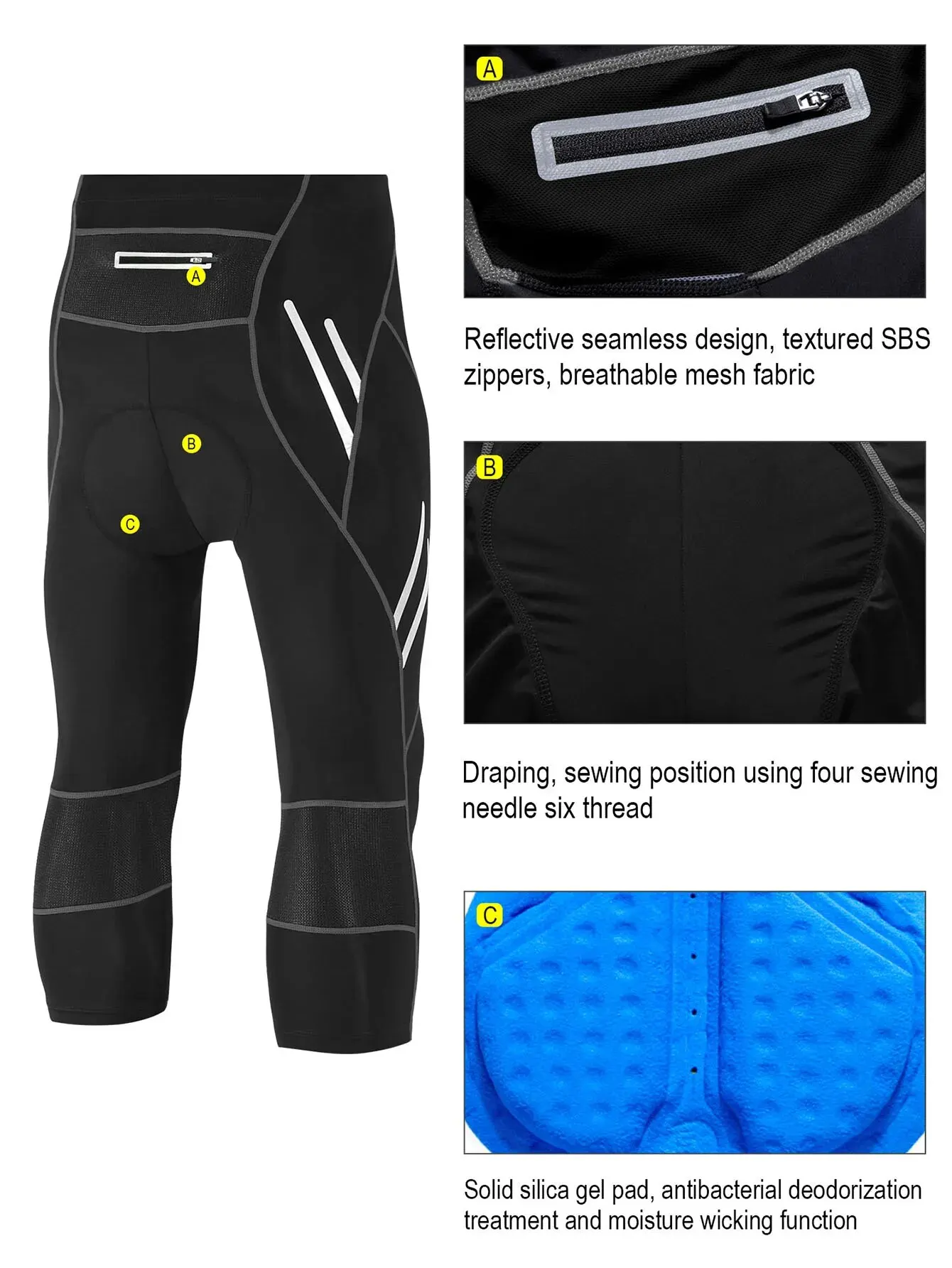 Men Cycling Cropped Pants Moisture Wicking Breathable Gel Padded Bike Active Wear Sweatpants