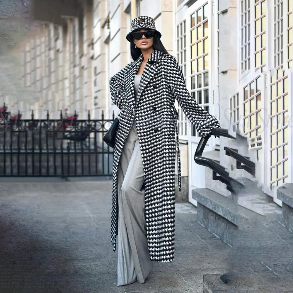 Elegant Houndstooth 1 Piece Long Coat for Women Business Casual Office Jacket Luxury Female Blazer Stylish for Parties