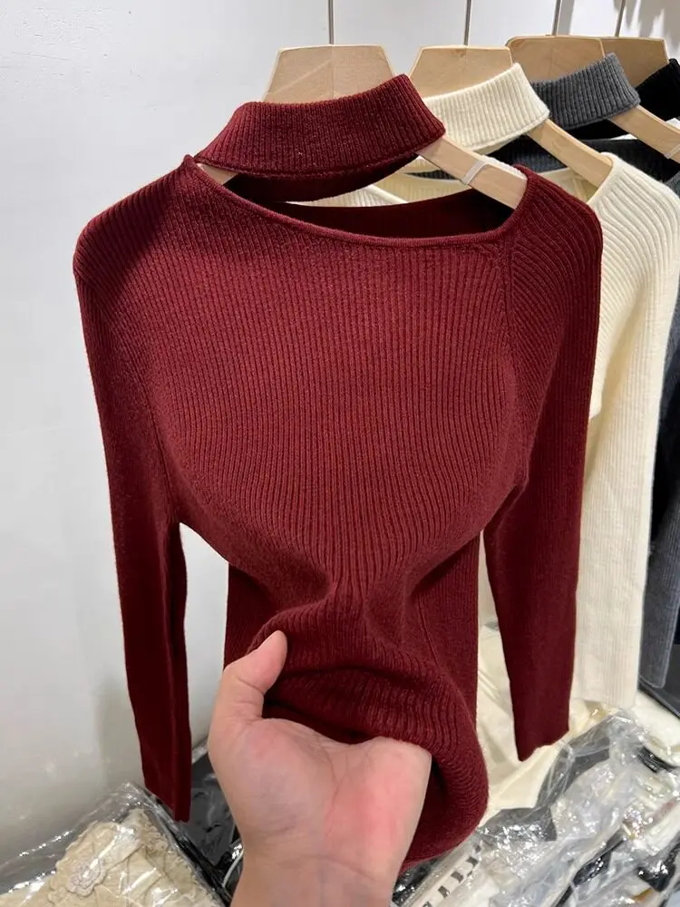 Solid white Cutout Choker Knit Pullover For Women Off Shoulder Elastic Knit Long Sleeve Slim Fit Simple Casual Knitwear Top