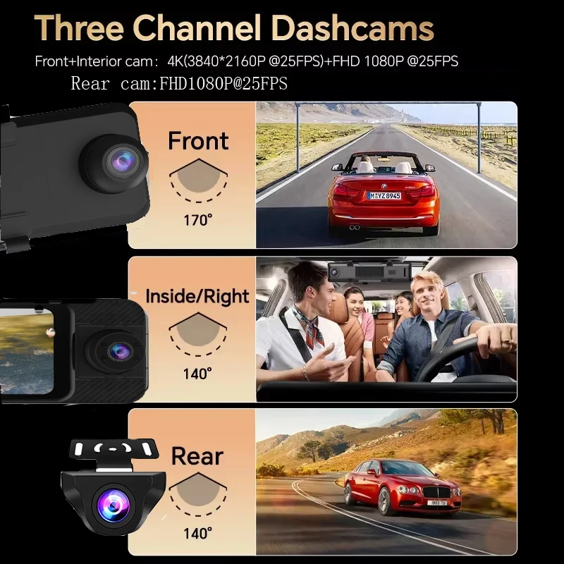 كاميرا مرآة ذات 3 قنوات مقاس 11 بوصة مع كاميرات أمامية 4K وخلفية 1080 بكسل داخل المقصورة ورؤية ليلية محسنة ومستشعر G وشاشة ركن السيارة، Tr