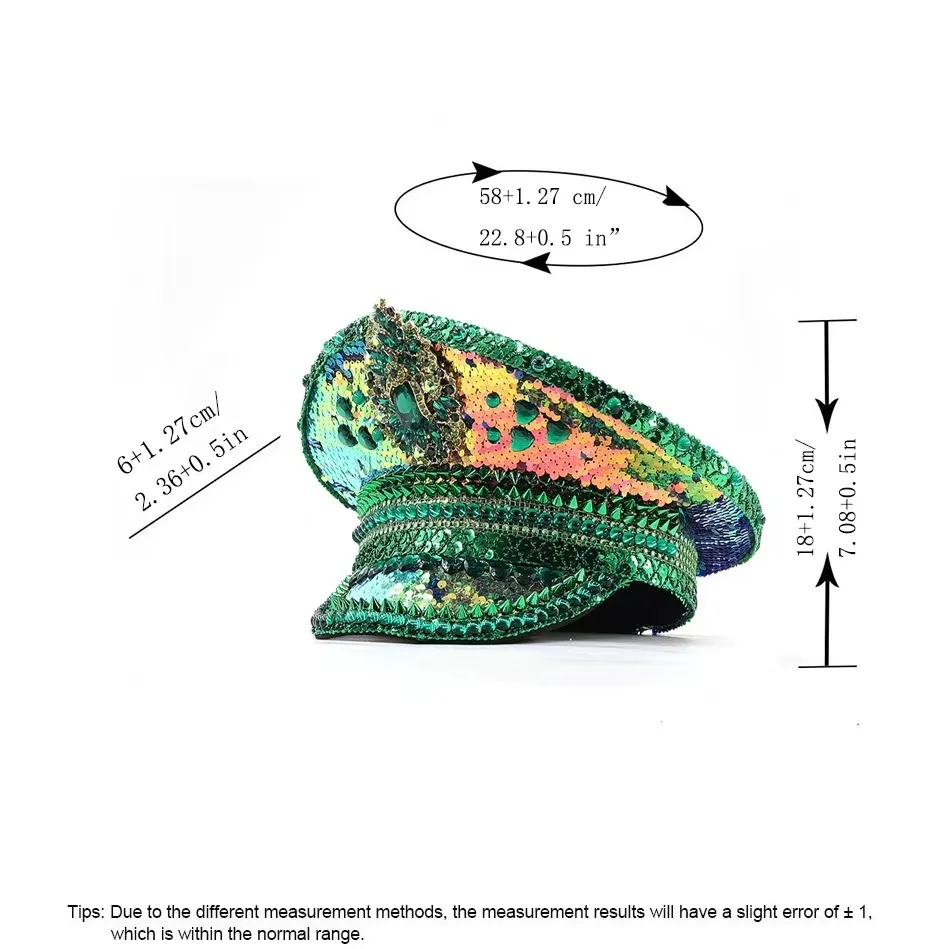 女性のためのスパンコール付きミリタリーハット、燃焼されたキャプテン、サージェントハット、高級ラインストーン、フェスティバル、誕生日パーティー、ファッション