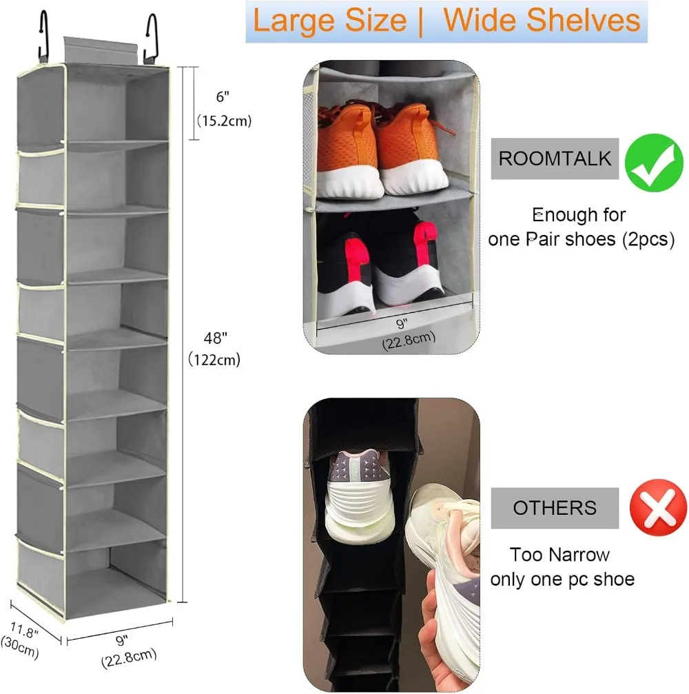 8-Shelf Hanging Shoe Organizer with Side Pockets, Large Storage for Closet, Grey view 3