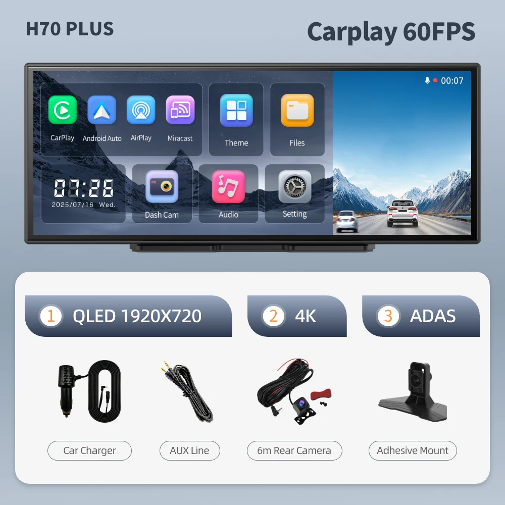 Imagebon H70 Plus 11.4" 4K QLED Auto DVR Draadloze CarPlay & Android Auto ADAS Dashcam WiFi AUX GPS Navigatie Loop Recording - afbeelding 1