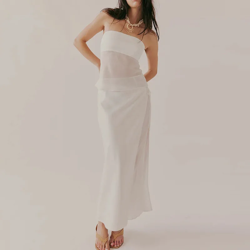 

Сексуальные облегающие однотонные комплекты для вечеринок с вырезами: женские топы без рукавов с открытыми плечами и сетчатые юбки, модные пляжные наряды для женщин