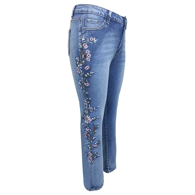 Fashion Slim-fit Embroider Flower Micro-elastic Long Jeans Women Spring and Autumn New Retro High-waisted Micro-flared Jeans,