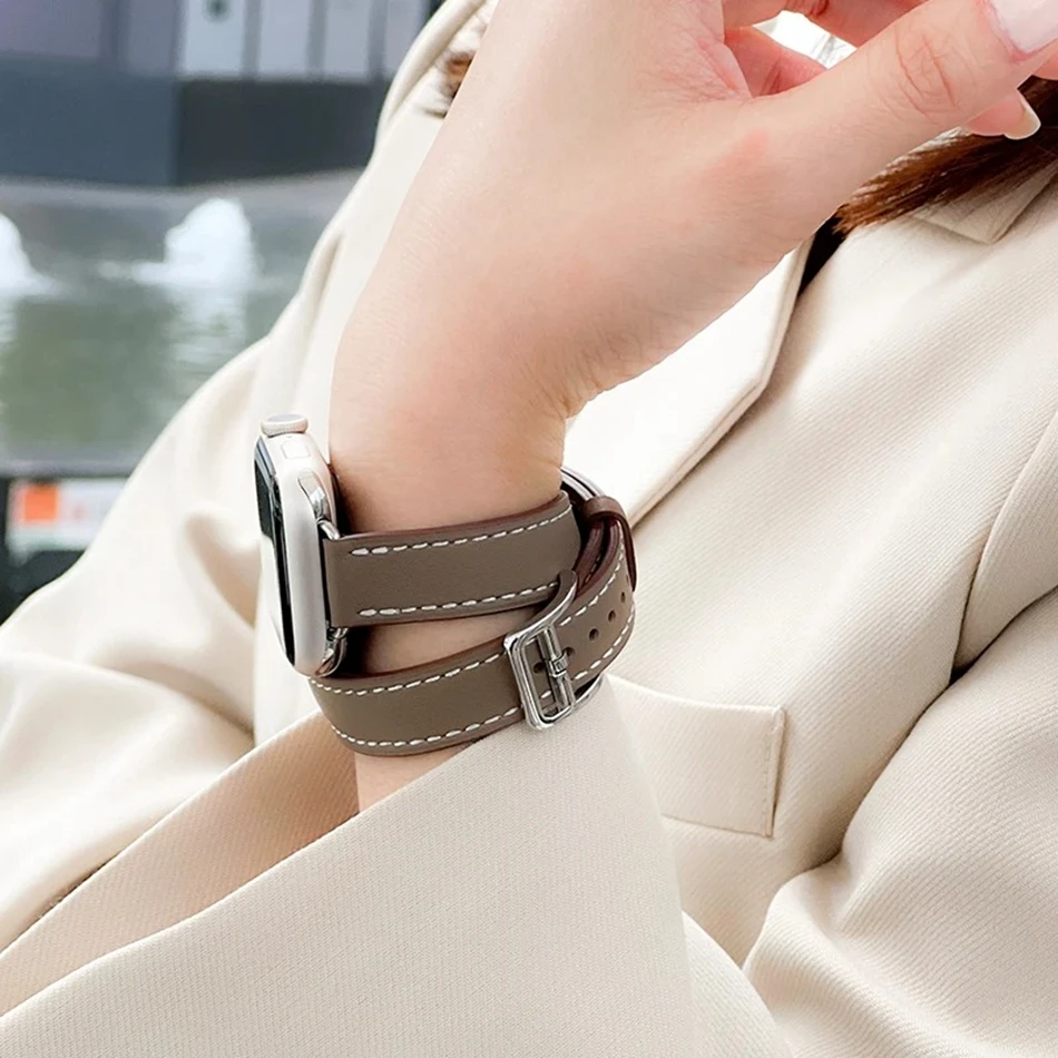 Soft Calfskin Leather Strap For Apple Watch Band 9 8 7 6 5 4 Ultra 2 Double Tour Bracelets Iwatch Series 38mm 40/41mm 49/44/45mm