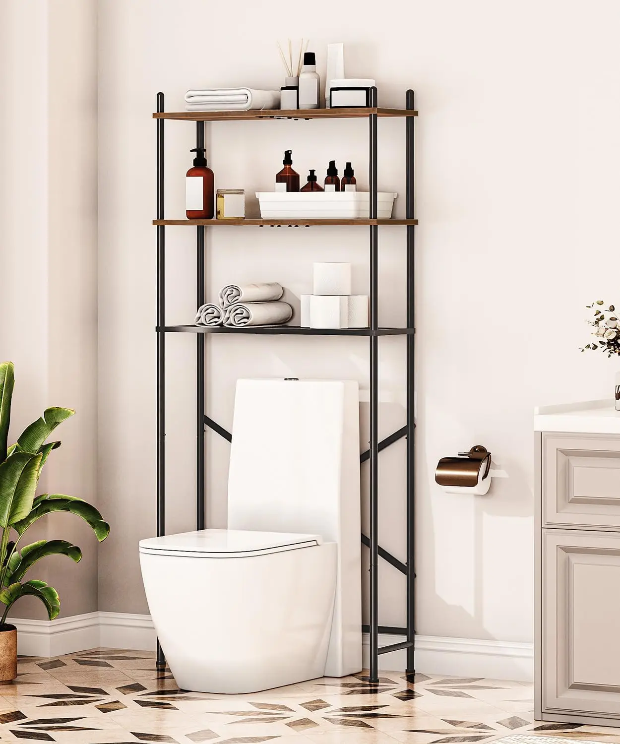 Over The Toilet Storage, 3-Tier Over Toilet Bathroom Organizer, Freestanding Above Toilet Shelf with Adjustable Feet