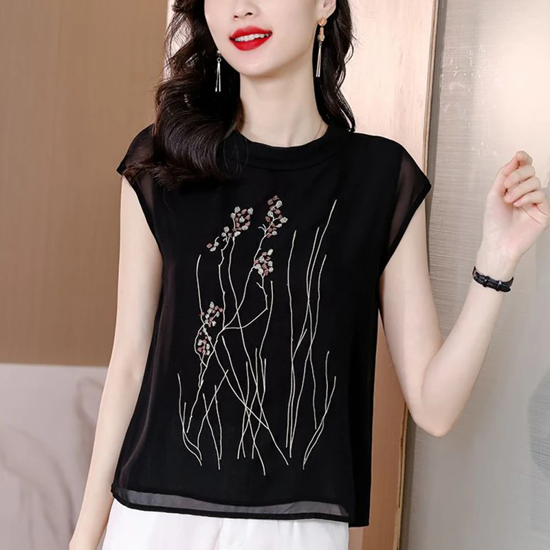 

Fashion O-Neck Loose Printed Sleeveless T-Shirt Women's Clothing 2025 Summer New Casual Pullovers Chiffon Office Lady Tee Shirt