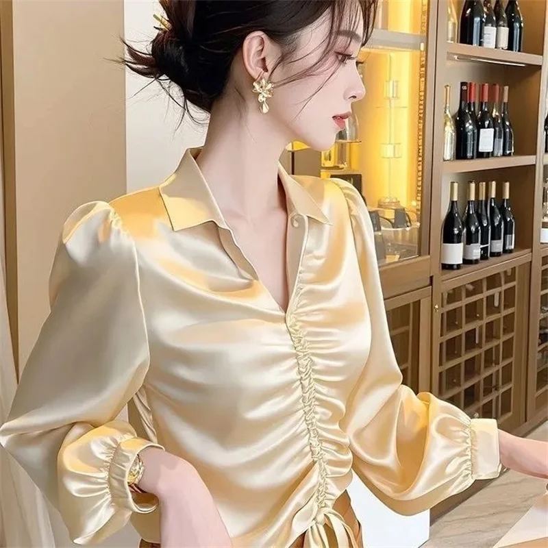 Korean Chic Champagne Long-Sleeved Shirt Women Spring Autumn Summer New Coat High Quality Blaus Light Cooked French Top Female