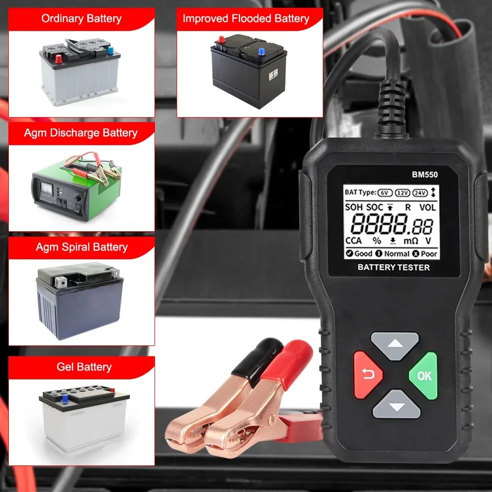 Herramienta de detección de sistema de batería de coche, Analizador de batería automático BM550 negro, 100-2000 CCA, 6V, 12V, 24V