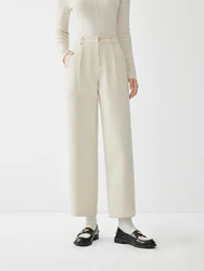 FSLE【2 Colors】Women Winter Pants Thicken Beige Cropped Trousers 2.2% Wool Blended Back Elastic Waist Black Winter Pant 24FS14688