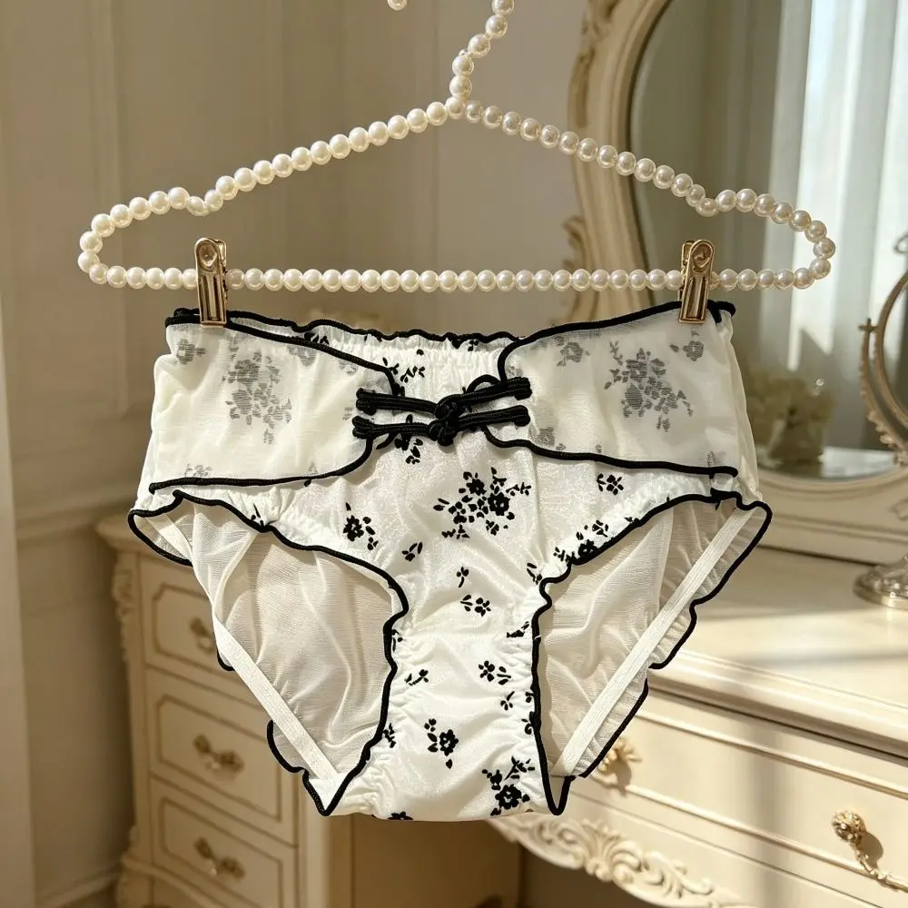 

Lingerie Low Waist Women Underwear Buckle Design Ruffle Chinese Style Briefs Transparent Mesh Ice Silk Panties Daily