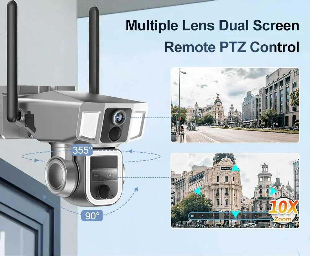 12MP 6K 10X Zoom Dual Screen Solar Camera Buiten 4G/WiFi 2 in 1 Drie Lens Dual PIR-detectie Auto Tracking CCTV Camera