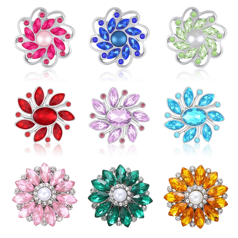 New Beauty Colorful Rhinestone Round rotated style Flower Daisy Sunflower 18MM snap buttons fit DIY snap bracelet jewelry